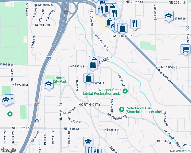 map of restaurants, bars, coffee shops, grocery stores, and more near 19223 16th Avenue Northeast in Shoreline