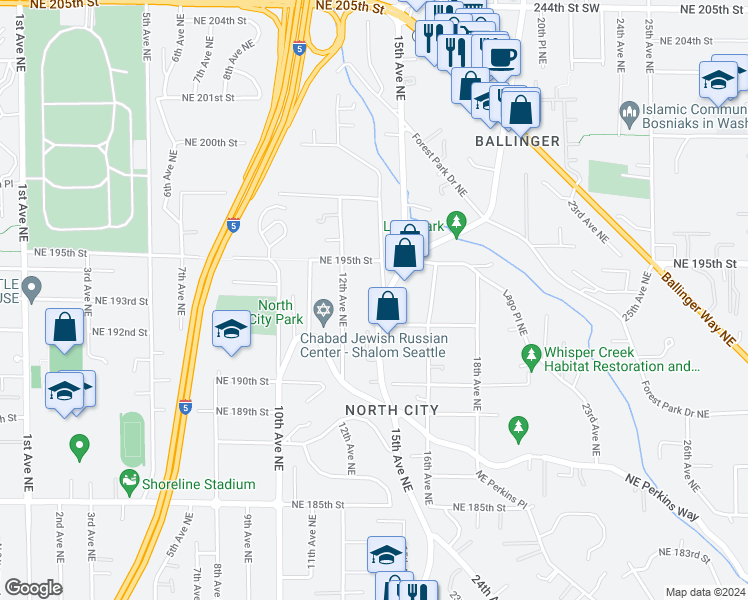 map of restaurants, bars, coffee shops, grocery stores, and more near 19223 15th Avenue Northeast in Shoreline