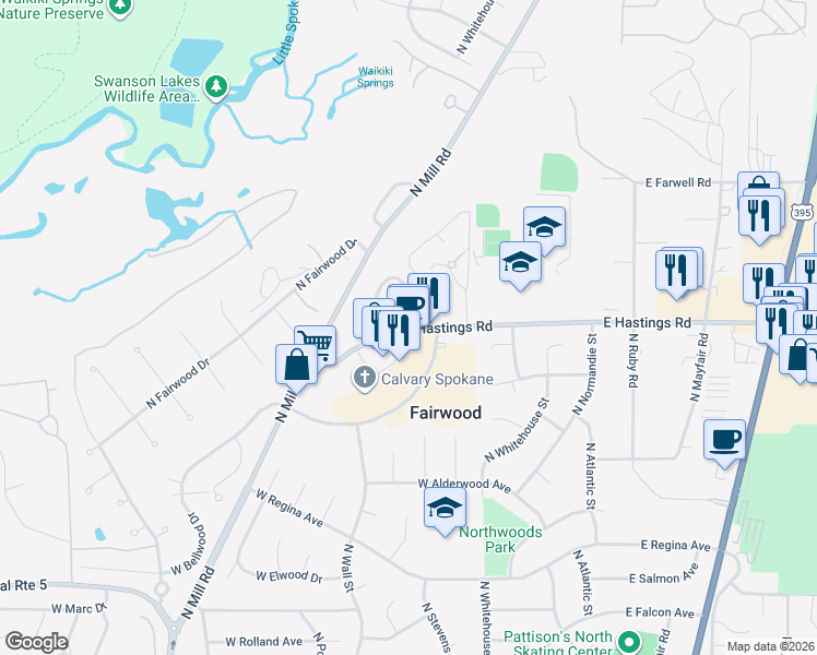 map of restaurants, bars, coffee shops, grocery stores, and more near 319 West Hastings Road in Spokane