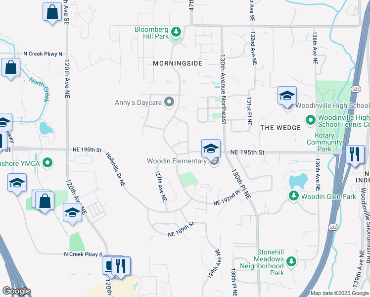 map of restaurants, bars, coffee shops, grocery stores, and more near 12724 Northeast 195th Street in Bothell