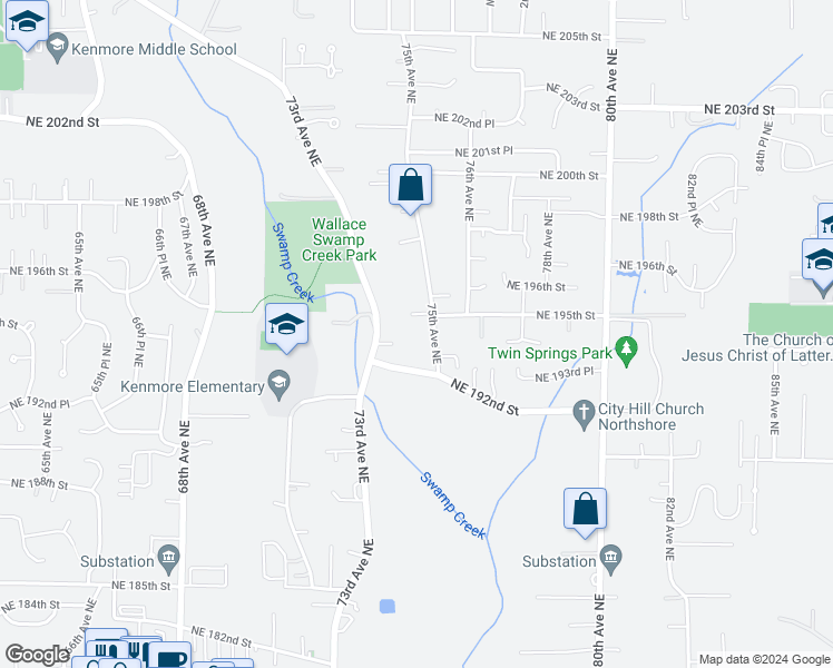 map of restaurants, bars, coffee shops, grocery stores, and more near 19227 75th Avenue Northeast in Kenmore