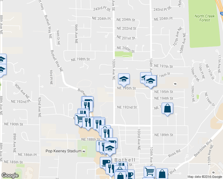 map of restaurants, bars, coffee shops, grocery stores, and more near 19415 100th Avenue Northeast in Bothell