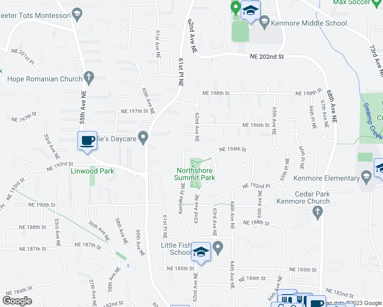 map of restaurants, bars, coffee shops, grocery stores, and more near 6183 Northeast 194th Place in Kenmore