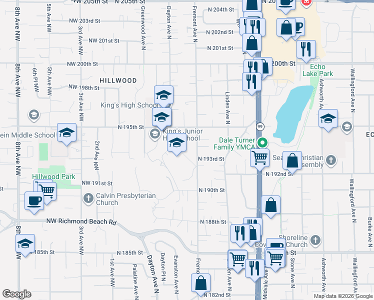 map of restaurants, bars, coffee shops, grocery stores, and more near 19312 Kings Garden Drive North in Shoreline