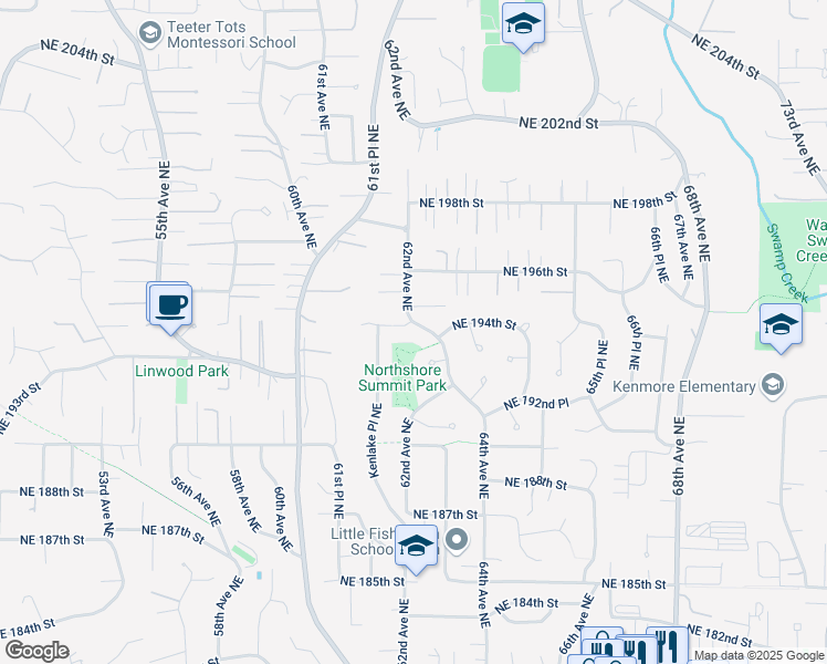 map of restaurants, bars, coffee shops, grocery stores, and more near 6183 Northeast 194th Place in Kenmore