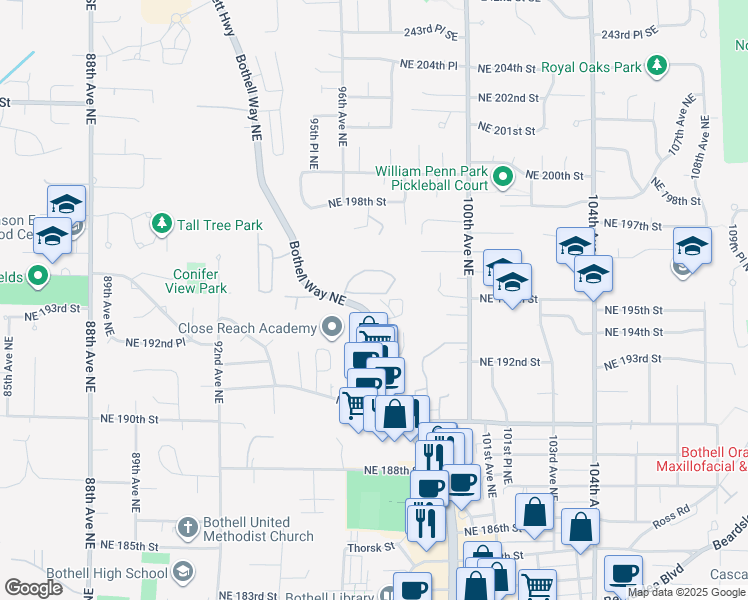 map of restaurants, bars, coffee shops, grocery stores, and more near 19418 Bothell Way Northeast in Bothell