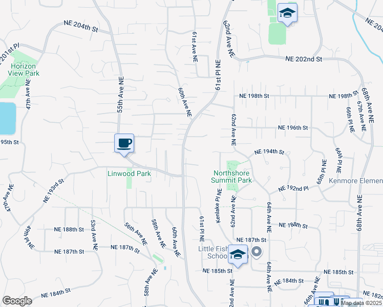 map of restaurants, bars, coffee shops, grocery stores, and more near 19312 61st Avenue Northeast in Kenmore