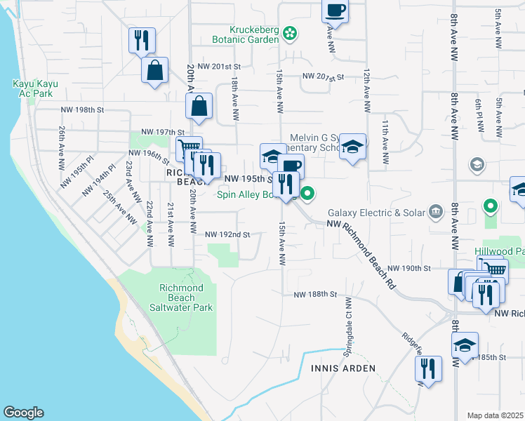 map of restaurants, bars, coffee shops, grocery stores, and more near 19235 15th Avenue Northwest in Shoreline