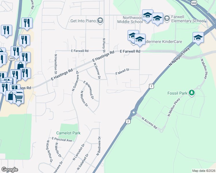 map of restaurants, bars, coffee shops, grocery stores, and more near North Perry Street in Spokane