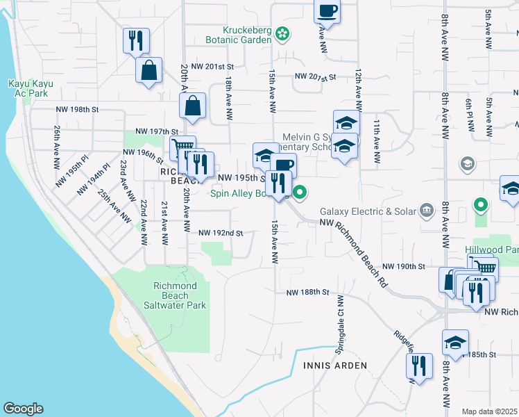 map of restaurants, bars, coffee shops, grocery stores, and more near 19235 15th Avenue Northwest in Shoreline