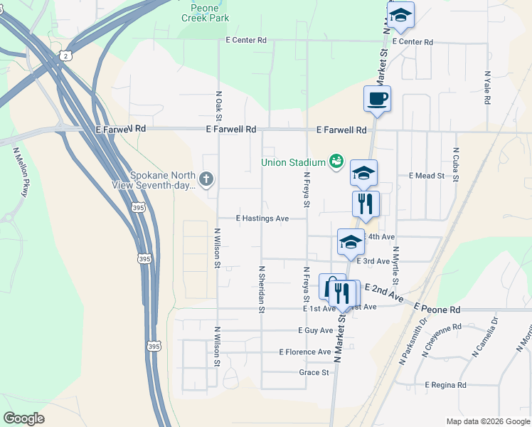 map of restaurants, bars, coffee shops, grocery stores, and more near 3510 East Hastings Avenue in Mead