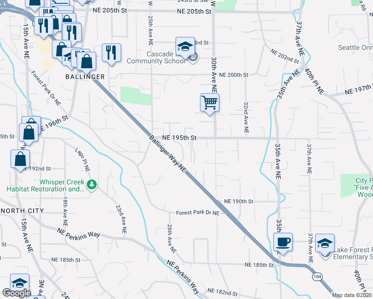 map of restaurants, bars, coffee shops, grocery stores, and more near 19421 28th Avenue Northeast in Lake Forest Park