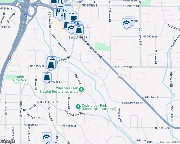 map of restaurants, bars, coffee shops, grocery stores, and more near Forest Park Drive Northeast in Lake Forest Park