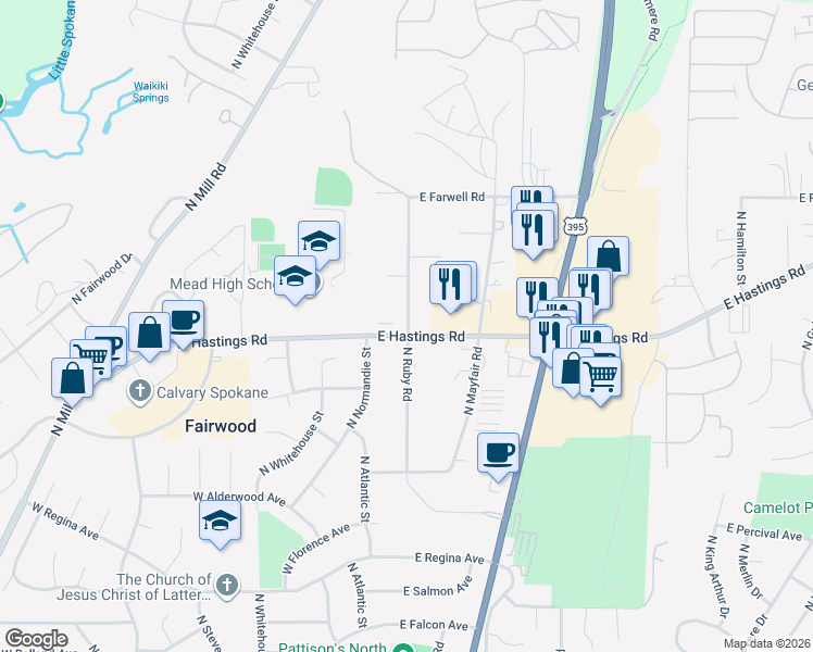 map of restaurants, bars, coffee shops, grocery stores, and more near 14 East Hastings Road in Spokane