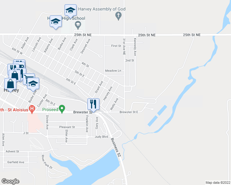 map of restaurants, bars, coffee shops, grocery stores, and more near 910 5th Street East in Harvey