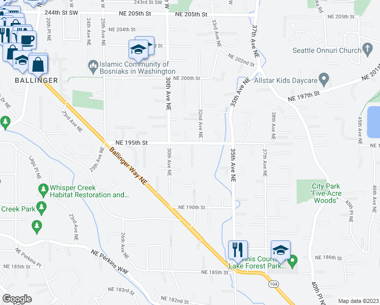 map of restaurants, bars, coffee shops, grocery stores, and more near 3035 Northeast 195th Street in Lake Forest Park