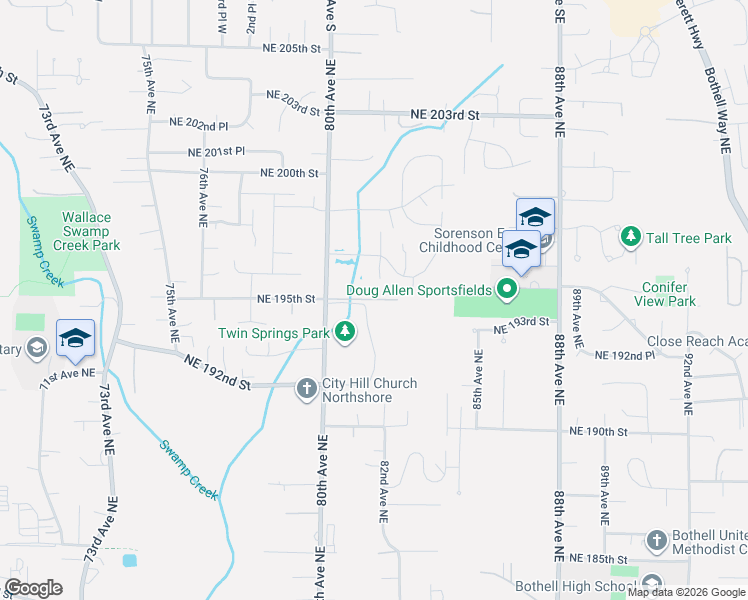 map of restaurants, bars, coffee shops, grocery stores, and more near 8206 Northeast 195th Street in Kenmore