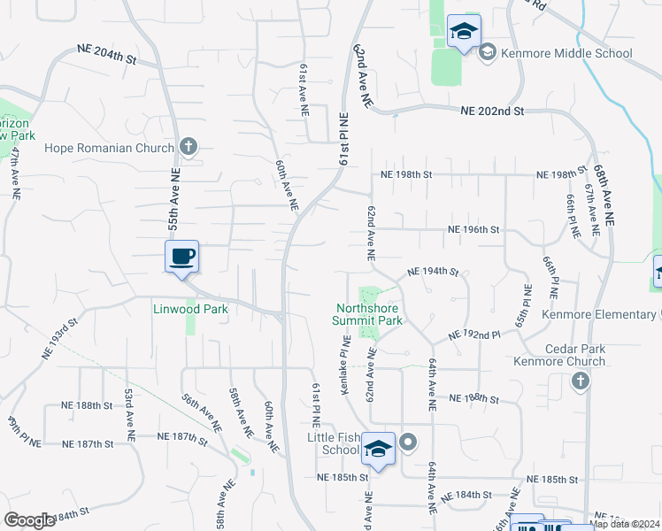 map of restaurants, bars, coffee shops, grocery stores, and more near 6149 Northeast 194th Place in Kenmore