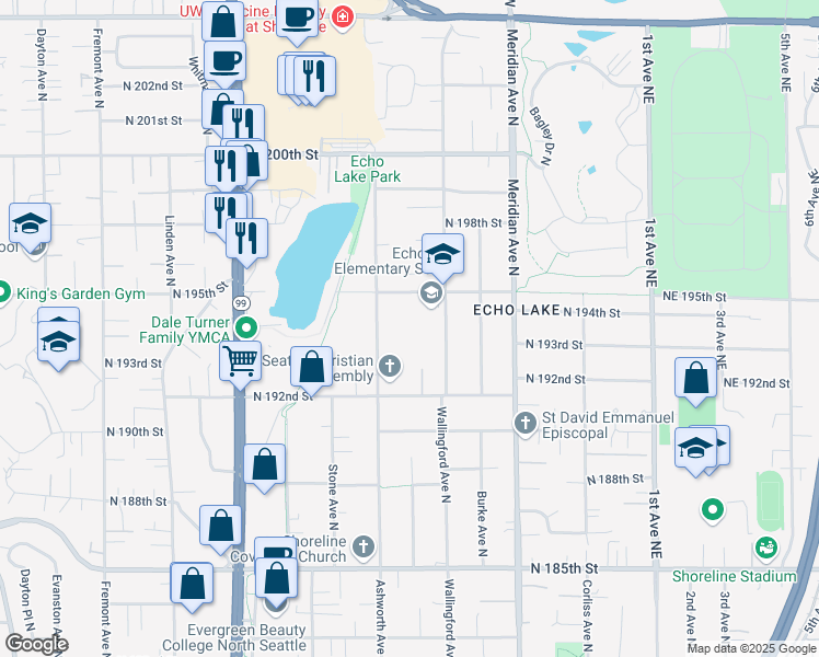 map of restaurants, bars, coffee shops, grocery stores, and more near 19200-19498 Ashworth Ave N in Shoreline