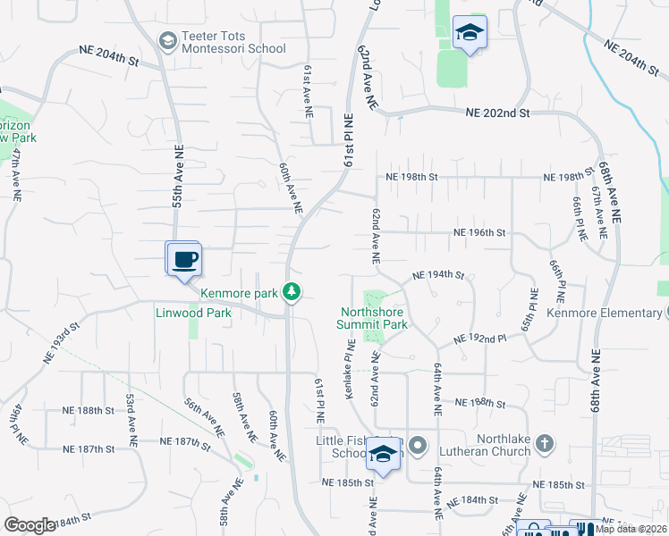 map of restaurants, bars, coffee shops, grocery stores, and more near 6149 Northeast 194th Place in Kenmore