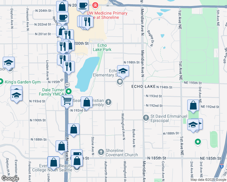 map of restaurants, bars, coffee shops, grocery stores, and more near 19345 Wallingford Avenue North in Shoreline