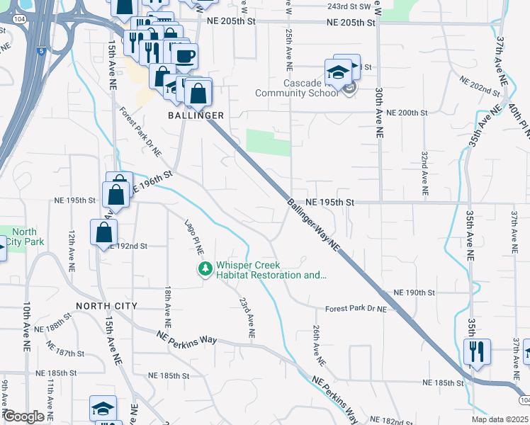 map of restaurants, bars, coffee shops, grocery stores, and more near 19230 Forest Park Drive Northeast in Lake Forest Park