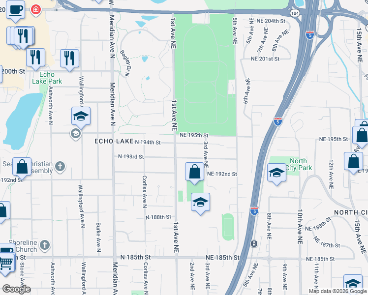 map of restaurants, bars, coffee shops, grocery stores, and more near 105 Northeast 193rd Street in Shoreline