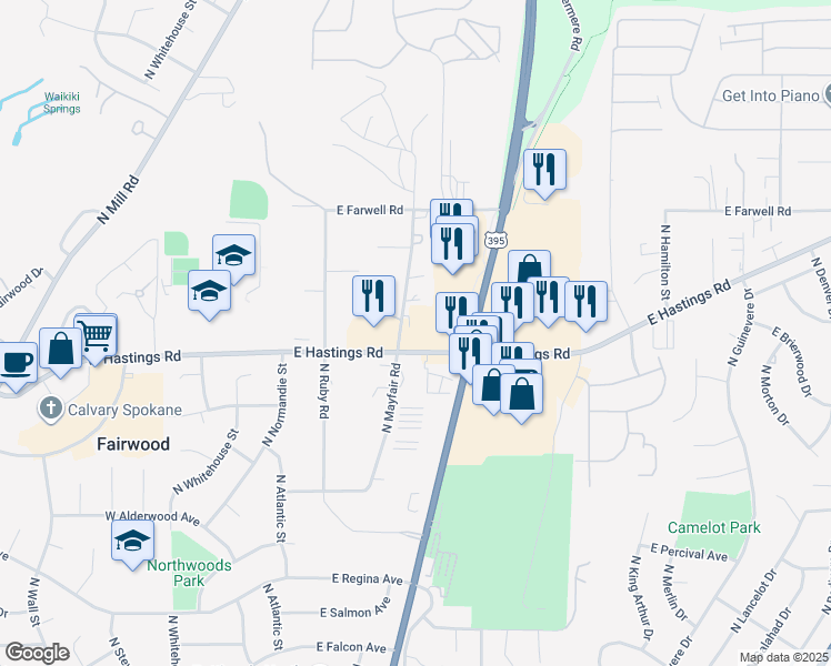 map of restaurants, bars, coffee shops, grocery stores, and more near 207 East Hastings Road in Spokane