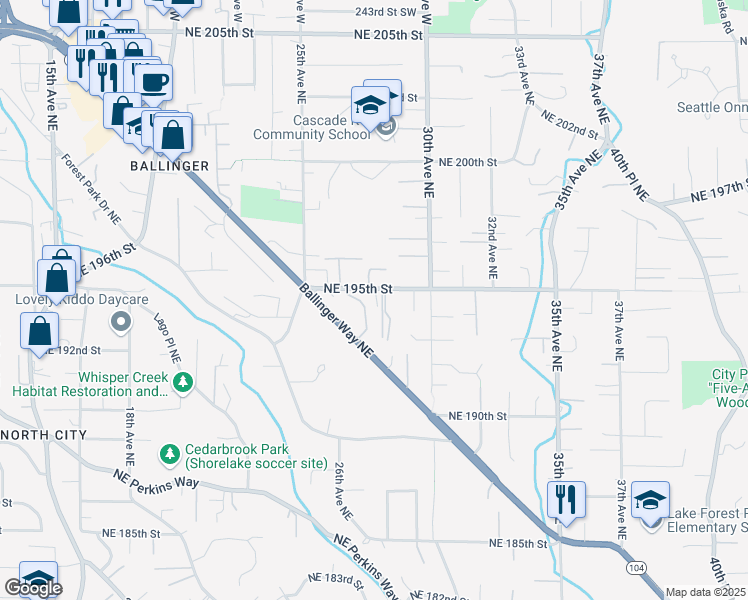 map of restaurants, bars, coffee shops, grocery stores, and more near 2721 Northeast 195th Street in Lake Forest Park