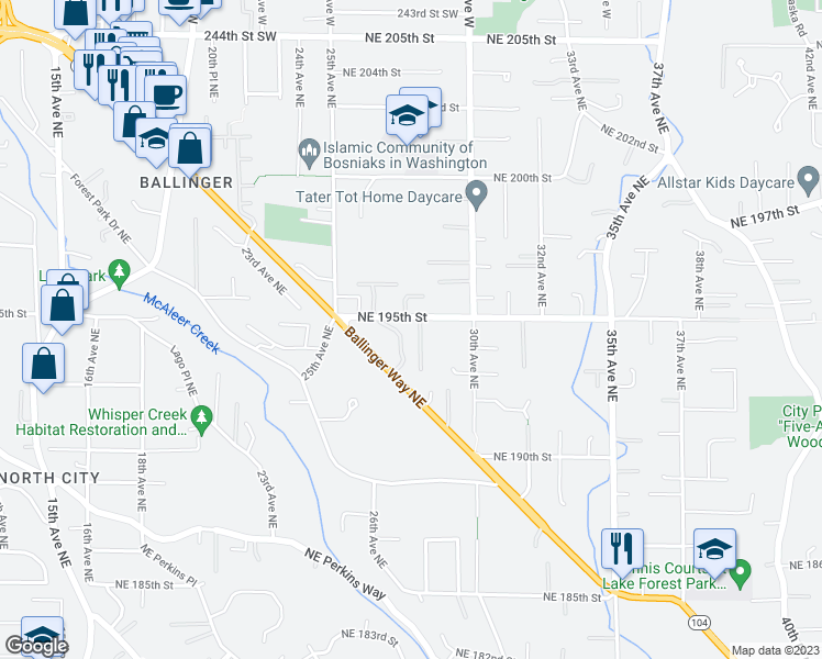 map of restaurants, bars, coffee shops, grocery stores, and more near 2721 Northeast 195th Street in Lake Forest Park