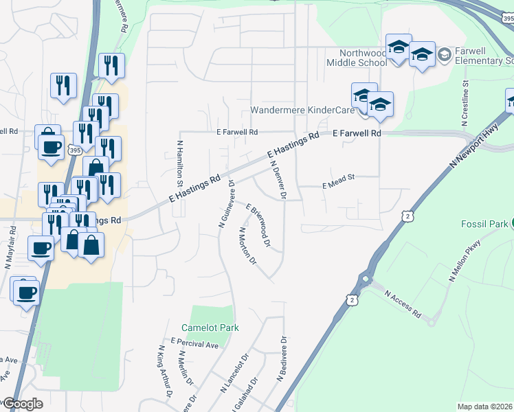 map of restaurants, bars, coffee shops, grocery stores, and more near 1217 East Mead Street in Spokane