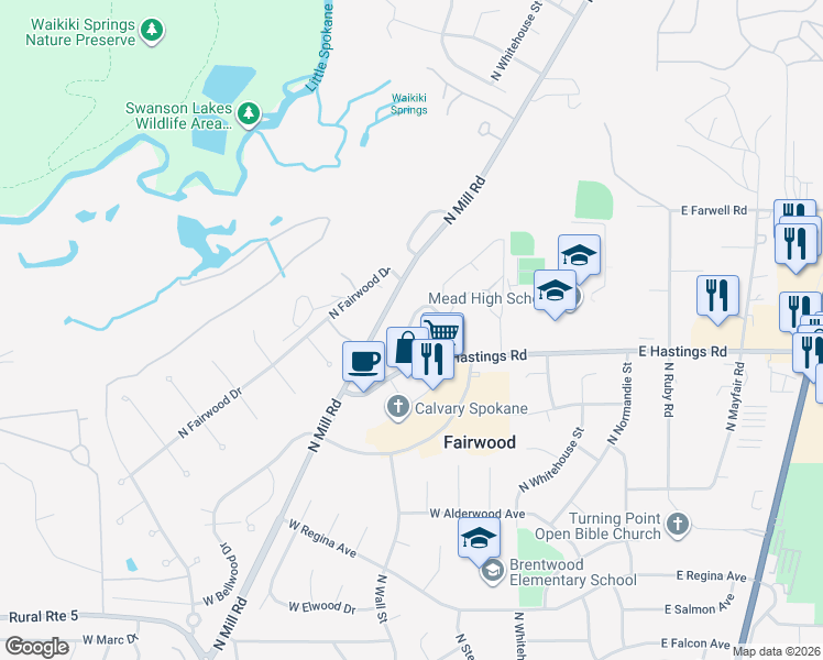 map of restaurants, bars, coffee shops, grocery stores, and more near 516 West Hastings Road in Spokane