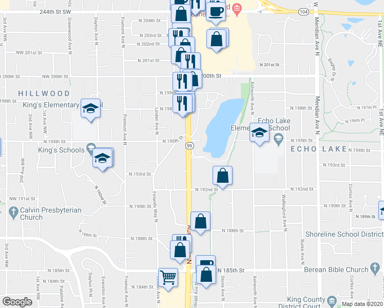 map of restaurants, bars, coffee shops, grocery stores, and more near 19501 Aurora Avenue North in Shoreline