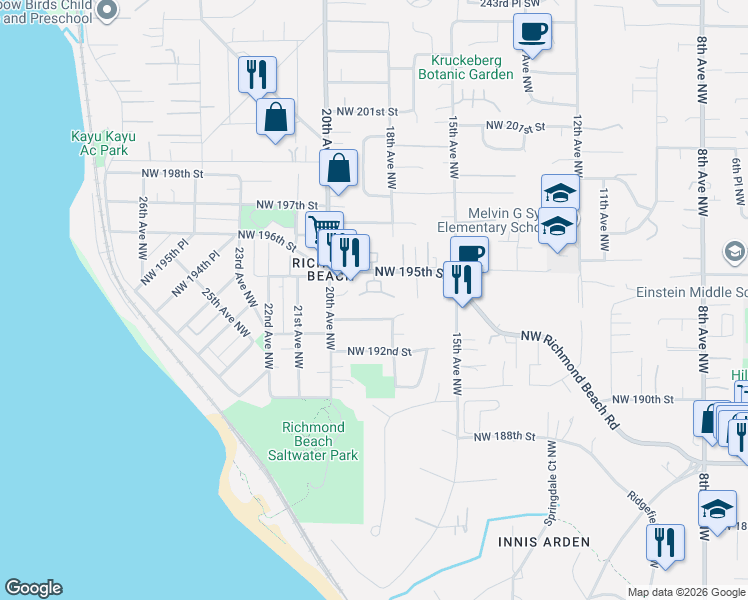 map of restaurants, bars, coffee shops, grocery stores, and more near 1821 Northwest 195th Street in Shoreline