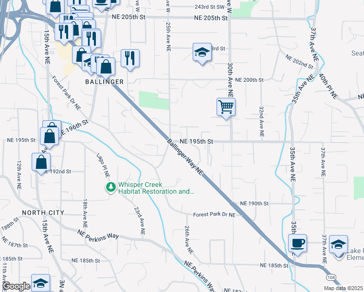 map of restaurants, bars, coffee shops, grocery stores, and more near 2512 Northeast 195th Street in Lake Forest Park