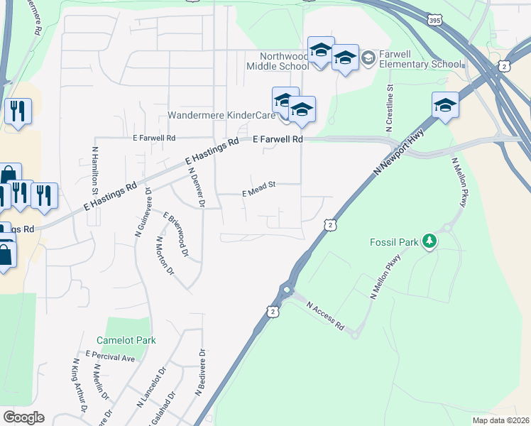 map of restaurants, bars, coffee shops, grocery stores, and more near 1526 East Mead Street in Spokane
