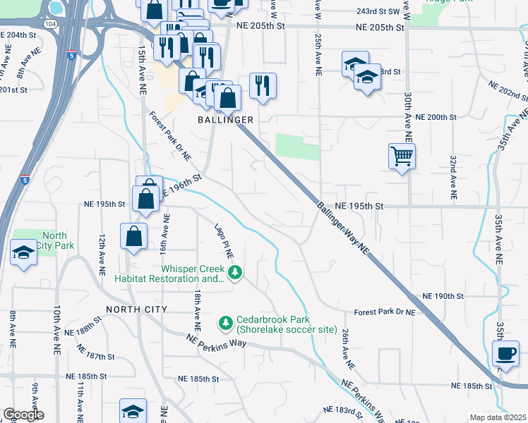 map of restaurants, bars, coffee shops, grocery stores, and more near 2016 Northeast 195th Place in Lake Forest Park