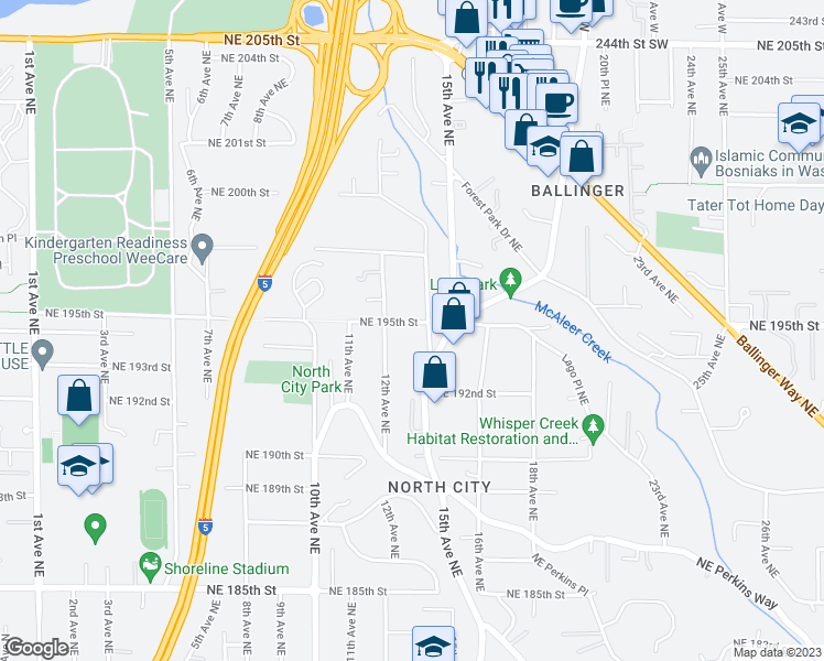 map of restaurants, bars, coffee shops, grocery stores, and more near 19509 14th Avenue Northeast in Shoreline