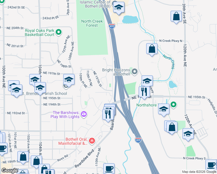 map of restaurants, bars, coffee shops, grocery stores, and more near 19701 112th Avenue Northeast in Bothell