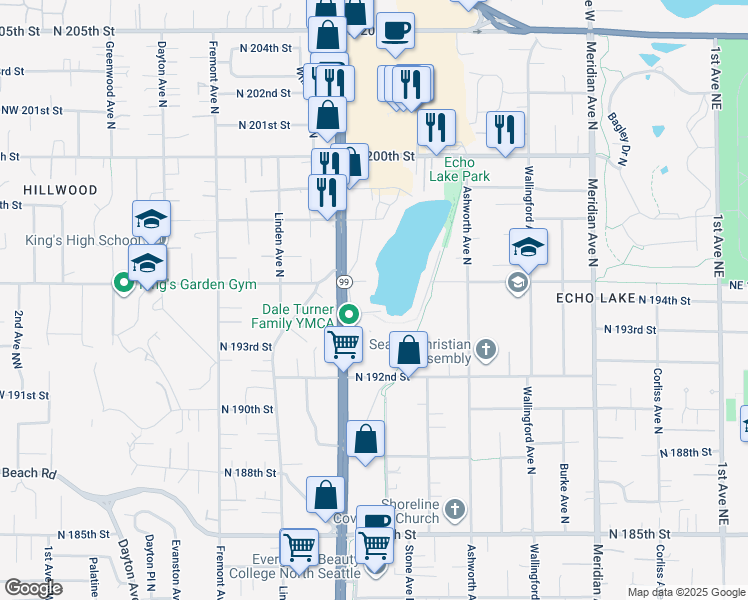 map of restaurants, bars, coffee shops, grocery stores, and more near 19414 Aurora Avenue North in Shoreline