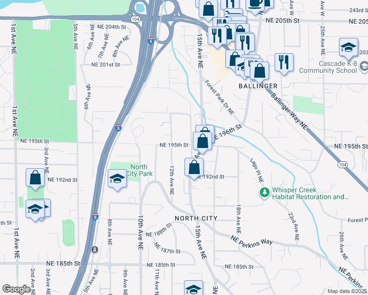 map of restaurants, bars, coffee shops, grocery stores, and more near 1303 Northeast 195th Street in Shoreline