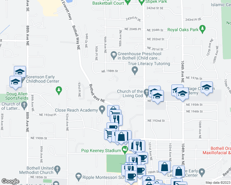 map of restaurants, bars, coffee shops, grocery stores, and more near 9627 Northeast 195th Circle in Bothell