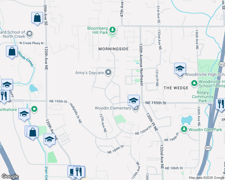 map of restaurants, bars, coffee shops, grocery stores, and more near 19705 128th Court Northeast in Bothell