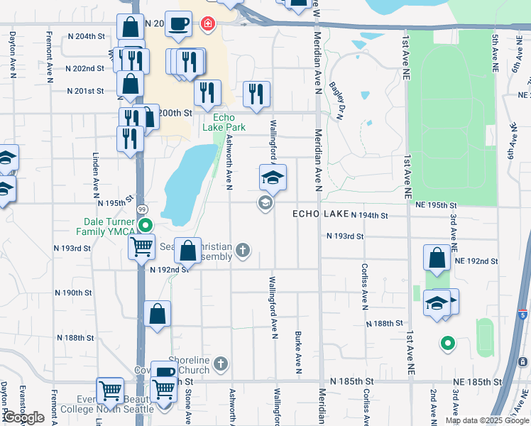 map of restaurants, bars, coffee shops, grocery stores, and more near 19345 Wallingford Avenue North in Shoreline