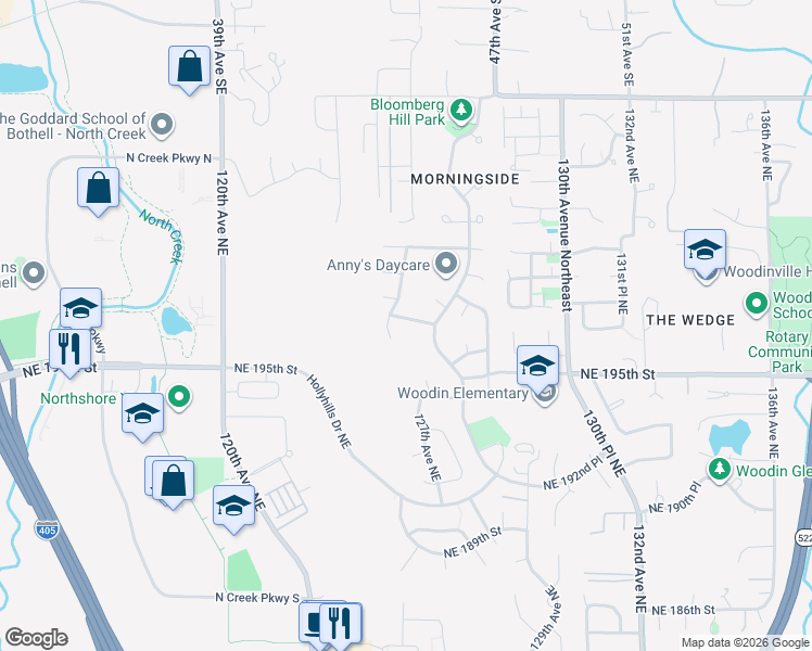 map of restaurants, bars, coffee shops, grocery stores, and more near 12601 Northeast 197th Street in Bothell