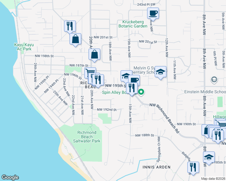 map of restaurants, bars, coffee shops, grocery stores, and more near 1551 Northwest 195th Street in Shoreline