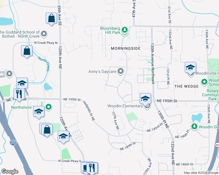 map of restaurants, bars, coffee shops, grocery stores, and more near 12601 Northeast 197th Street in Bothell