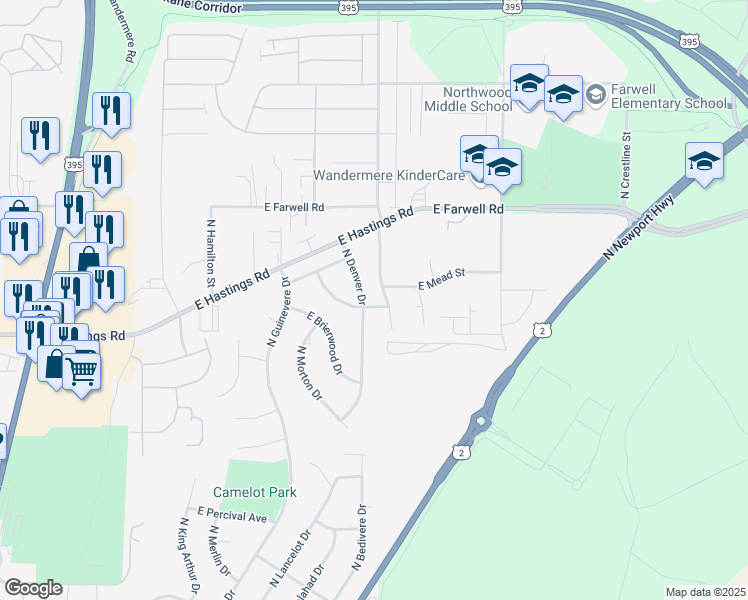 map of restaurants, bars, coffee shops, grocery stores, and more near 12404 North Denver Drive in Spokane