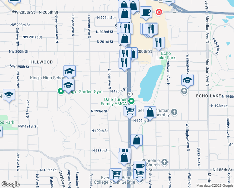 map of restaurants, bars, coffee shops, grocery stores, and more near 923 North 195th Street in Shoreline