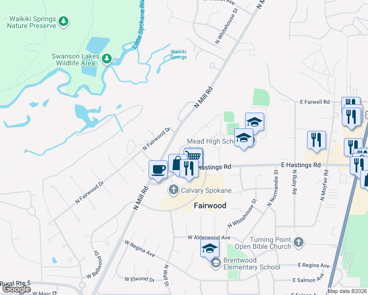 map of restaurants, bars, coffee shops, grocery stores, and more near 516 West Hastings Road in Spokane